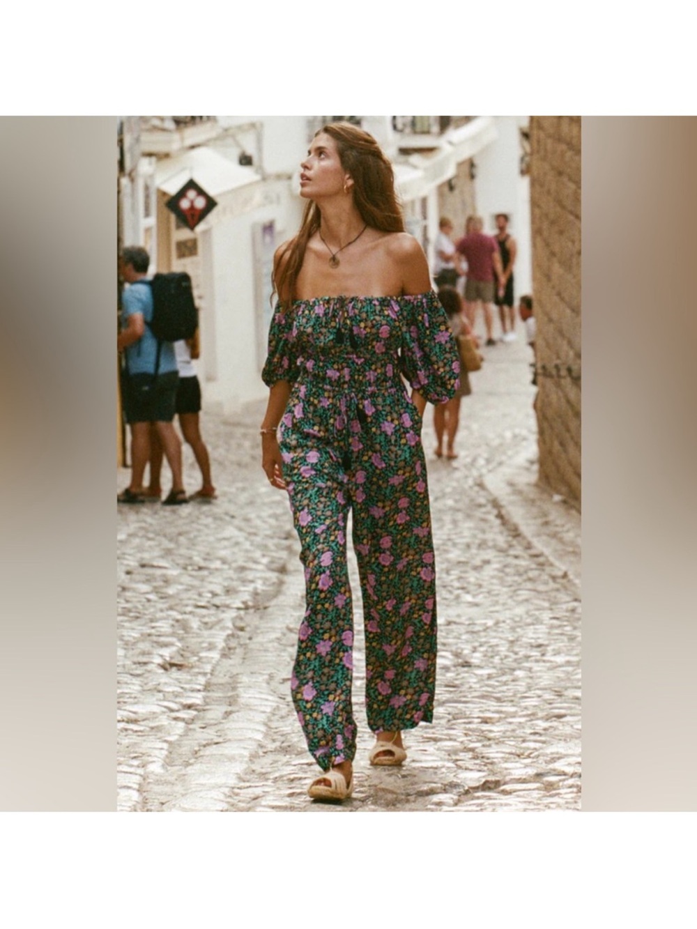 Spell Off-Shoulder Floral Jumpsuit in Green and Purple - Picture 3 of 4